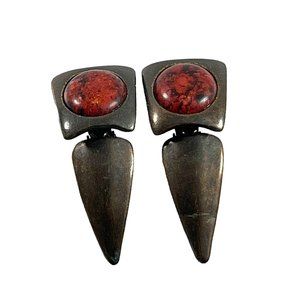 Vintage Norma Jean Clip On Earrings Brutalist Dark Metal Red Stone 2.5" Long